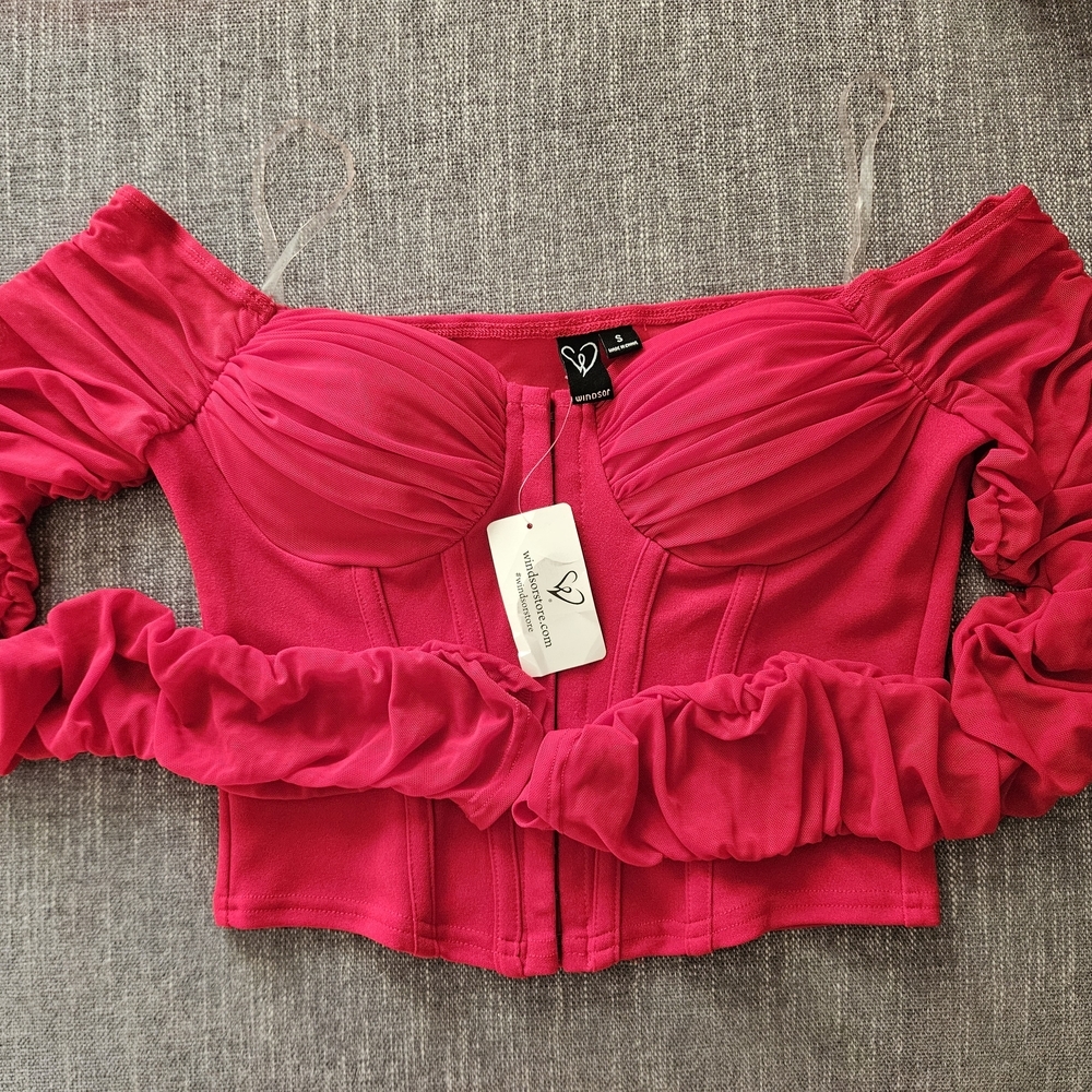 WINDSOR Downtown Looks Long Sleeve Mesh Bustier Corset Off The Shoulders Red Top - Picture 3 of 12